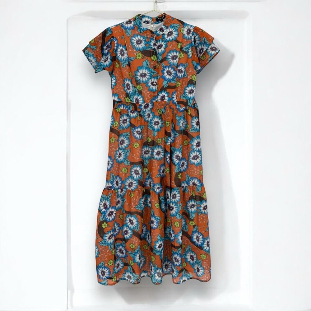 Beulah Style 70s Inspired Floral Print Tiered Maxi Dress Size L Boho Casual